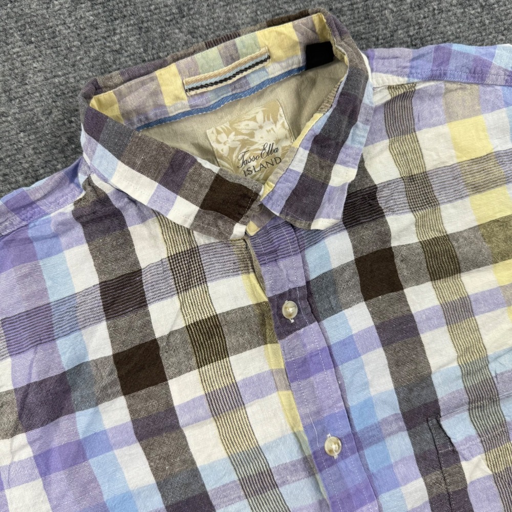 Tasso Elba Island Button Up XXL Purple Plaid Linen Blend‎ Mens Shirt